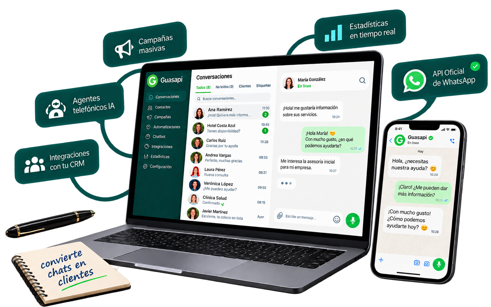 Guasapi, plataforma de WhatsApp para empresas con CRM, automatizaciones y agentes IA